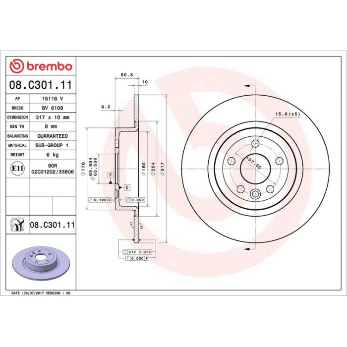 Brembo Bremsscheibe Hinterachse 08.C301.11 Brembo Bremsscheibe Hinterachse 08.C301.11