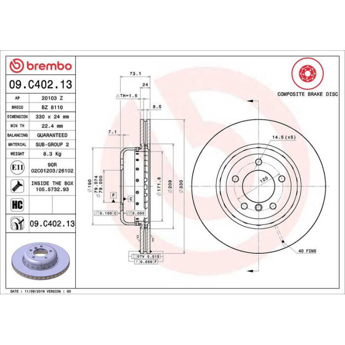 Brembo Bremsscheibe Vorderachse 09.C402.13 Brembo Bremsscheibe Vorderachse 09.C402.13