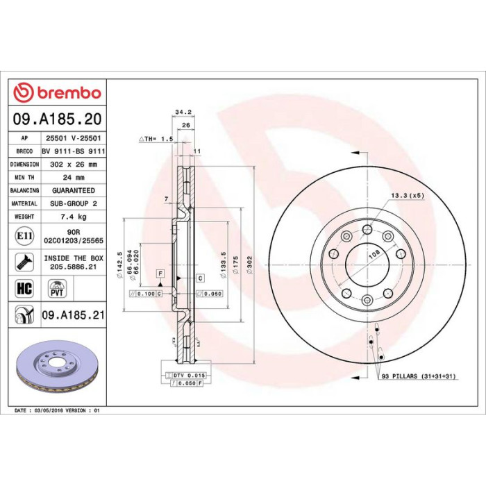 Brembo Bremsscheibe Vorderachse 09.A185.21