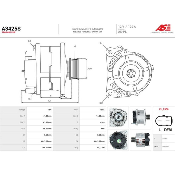 A3425S AS-PL Lichtmaschine (Generator) 12 V 120 A A3425S