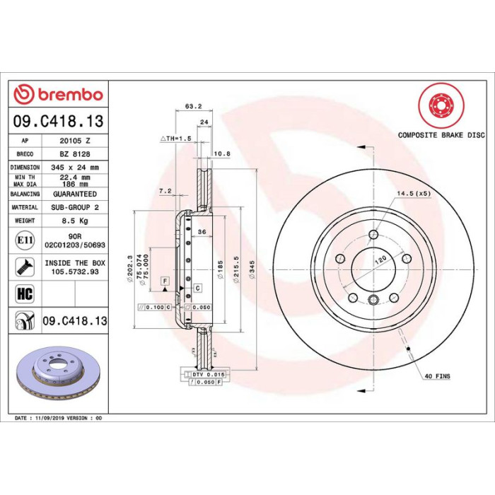 Brembo Bremsscheibe Hinterachse 09.C418.13 Brembo Bremsscheibe Hinterachse 09.C418.13