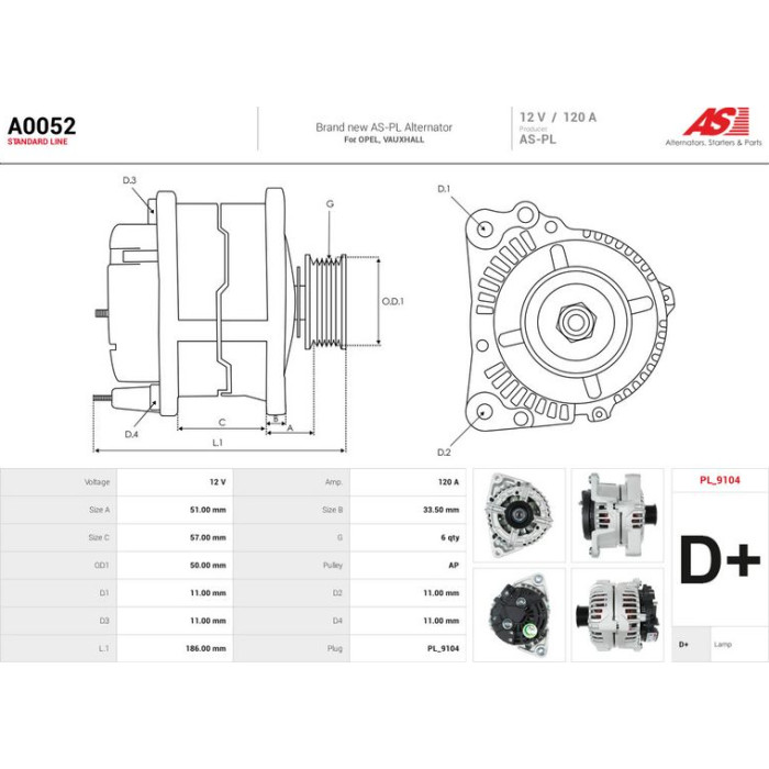 A0052 AS-PL Lichtmaschine (Generator) A0052 A0052 AS-PL Lichtmaschine (Generator) A0052