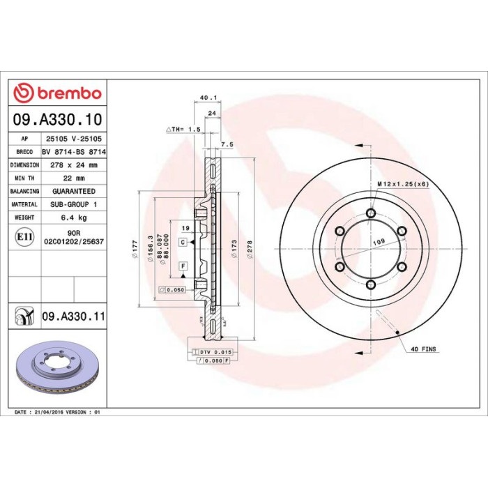 Brembo Bremsscheibe Vorderachse 09.A330.11 Brembo Bremsscheibe Vorderachse 09.A330.11