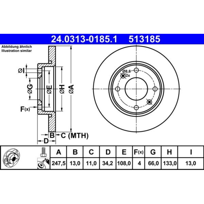 ATE Bremsscheibe Peugeot S. 206 1.1-1.4 98- PowerDisc 24.0313-0185.1 ATE Bremsscheibe Peugeot S. 206 1.1-1.4 98- PowerDisc 24.0313-0185.1
