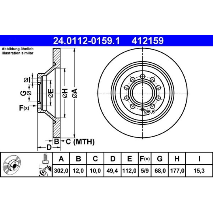 ATE Bremsscheibe VW Hinterachse A6 04 24.0112-0159.1 ATE Bremsscheibe VW Hinterachse A6 04 24.0112-0159.1