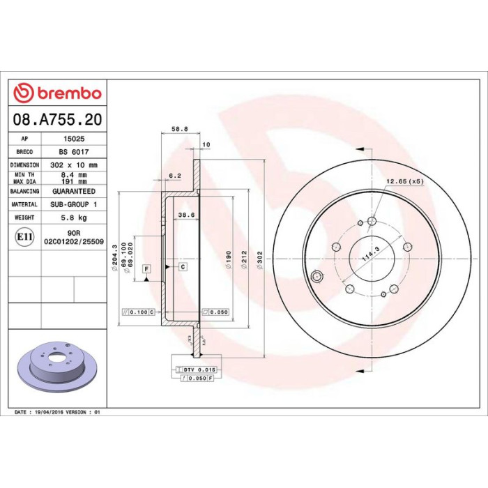 Brembo Bremsscheibe Hinterachse 08.A755.20 Brembo Bremsscheibe Hinterachse 08.A755.20