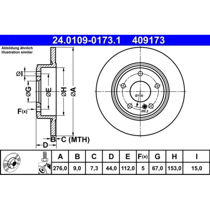 ATE Bremsscheibe Mercedes-Benz Hinterachse W246/W176 1.5-2.1 11 24.0109-0173.1 ATE Bremsscheibe Mercedes-Benz Hinterachse W246/W176 1.5-2.1 11 24.0109-0173.1