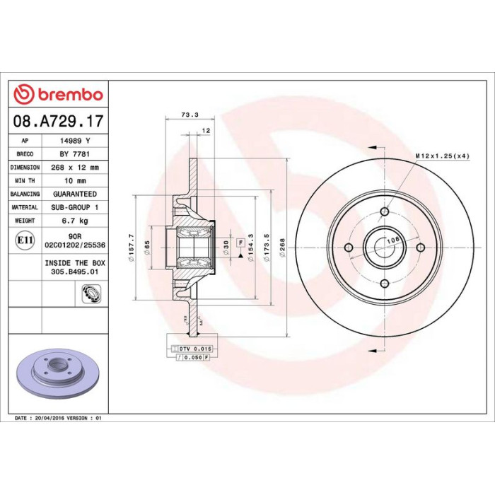 Brembo 70 482 023 mit Radlager Bremsscheibe Hinterachse 08.A729.17 Brembo 70 482 023 mit Radlager Bremsscheibe Hinterachse 08.A729.17