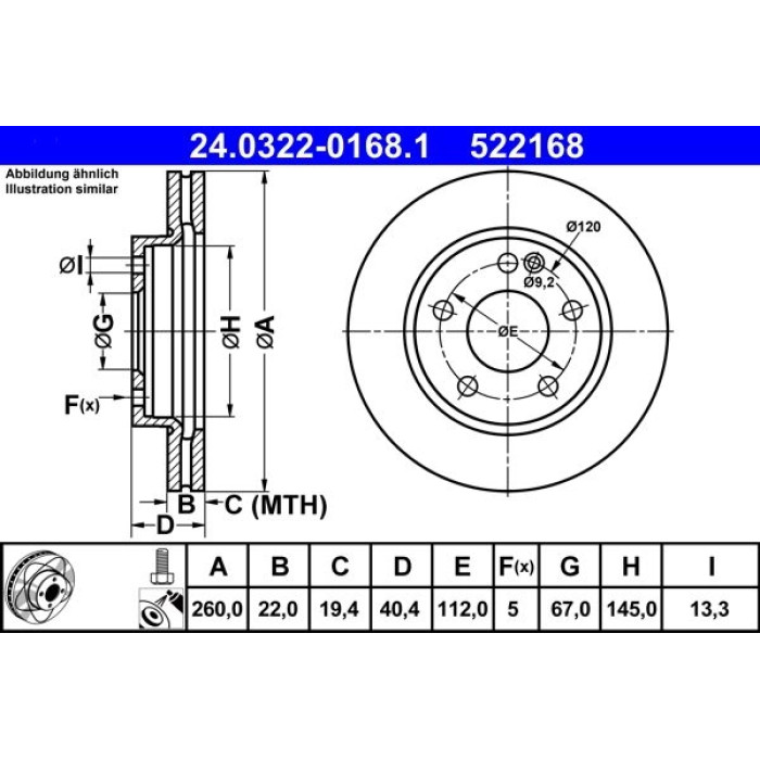 ATE Bremsscheibe Mercedes-Benz Vorderachse W168 1.4-1.9 97-04 PowerDisc 24.0322-0168.1 ATE Bremsscheibe Mercedes-Benz Vorderachse W168 1.4-1.9 97-04 PowerDisc 24.0322-0168.1