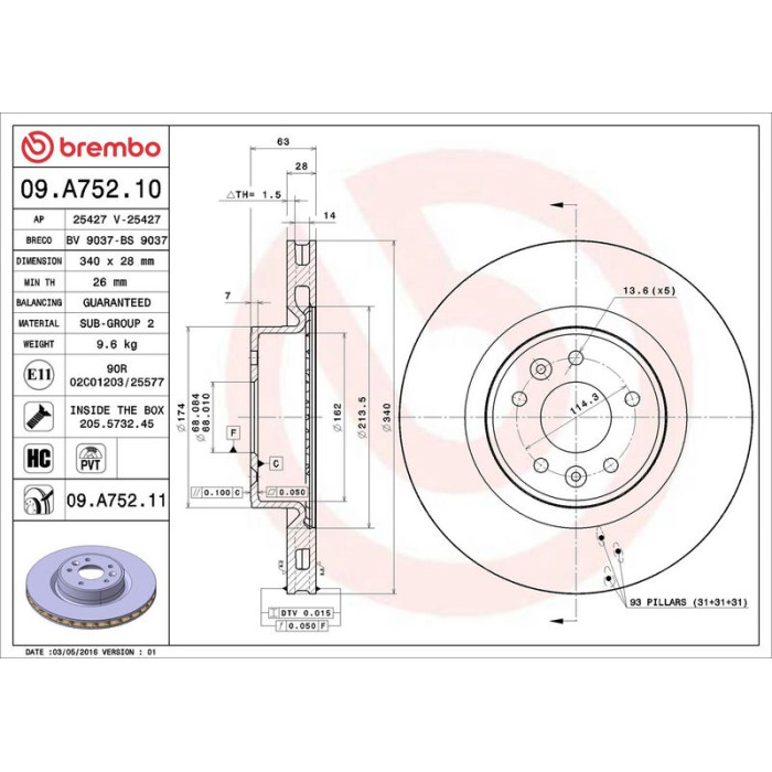 Brembo Bremsscheibe Vorderachse 09.A752.11 Brembo Bremsscheibe Vorderachse 09.A752.11