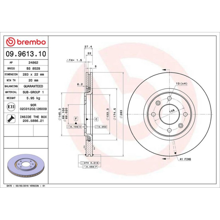 Brembo Bremsscheibe Vorderachse 09.9613.10 Brembo Bremsscheibe Vorderachse 09.9613.10