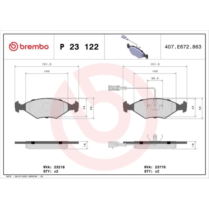 P 23 122 Brembo Prime Bremsbelagsatz Vorderachse – P 23 122 – 151 x 49 x 18 mm – Bremssystem Teves – OE Nummer 71770024 P 23 122 Brembo Prime Bremsbelagsatz Vorderachse – P 23 122 – 151 x 49 x 18 mm – Bremssystem Teves – OE Nummer 71770024