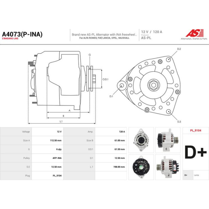 A4073(P-INA) AS-PL Lichtmaschine (Generator) A4073(P-INA)