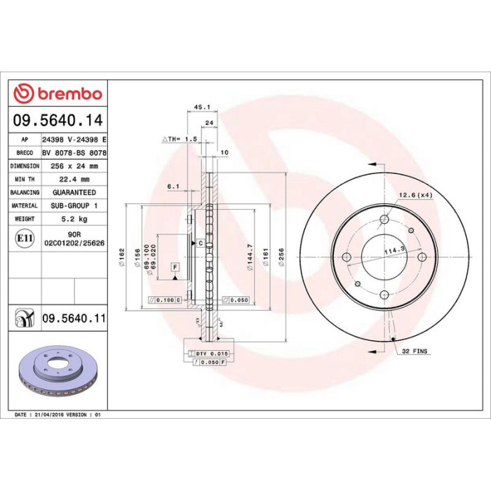 09.5640.14 Brembo Prime Bremsscheibe Vorderachse, Ø 256 × 24 mm, innenbelüftet – 09.5640.14