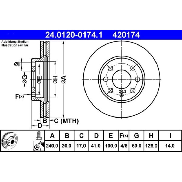 ATE Bremsscheibe Opel Vorderachse Corsa 1.0-1.2/1.7 D 00-06 24.0120-0174.1