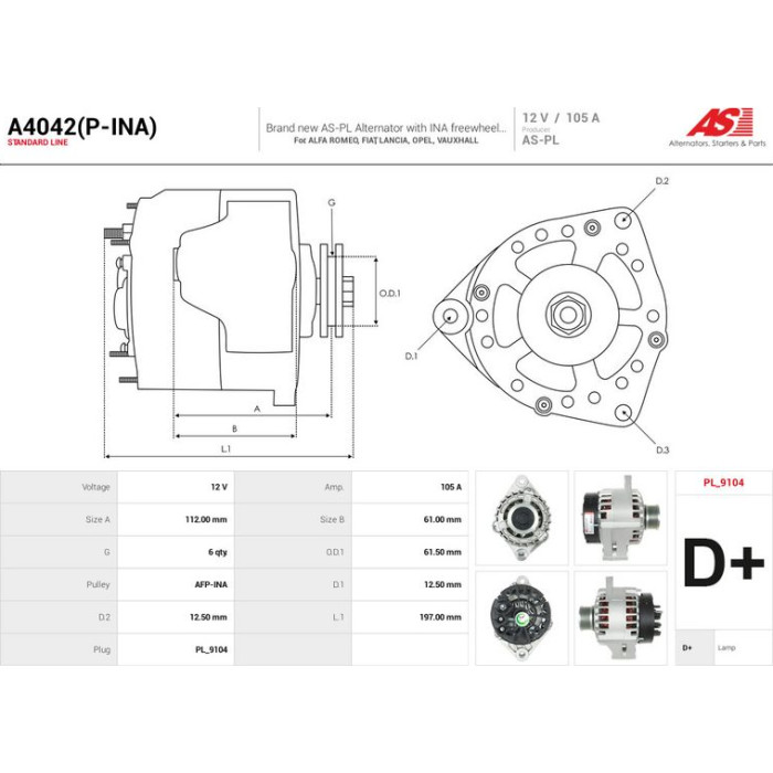 A4042(P-INA) AS-PL Lichtmaschine (Generator) A4042(P-INA)