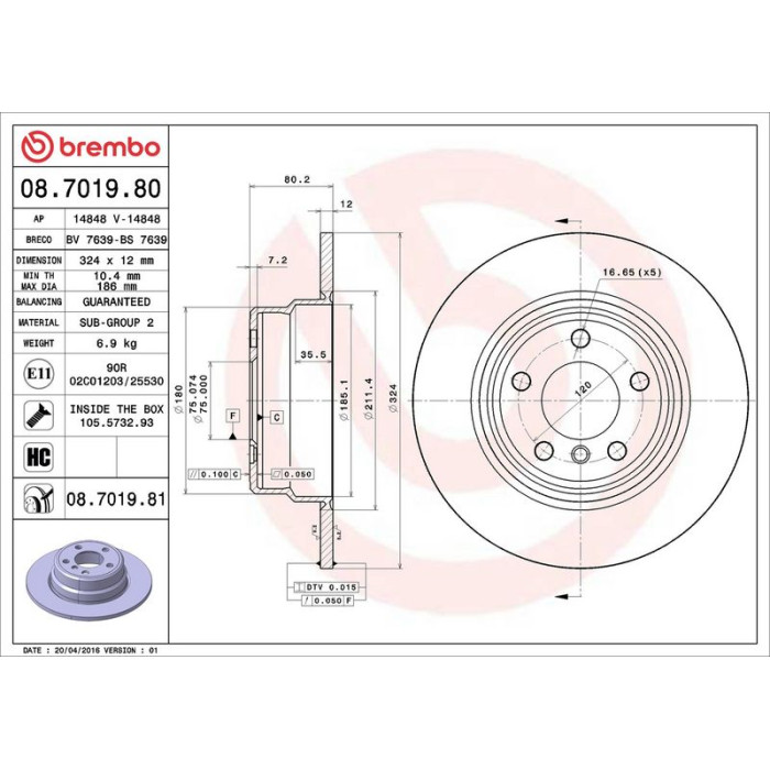 Brembo Bremsscheibe Hinterachse 08.7019.81 Brembo Bremsscheibe Hinterachse 08.7019.81
