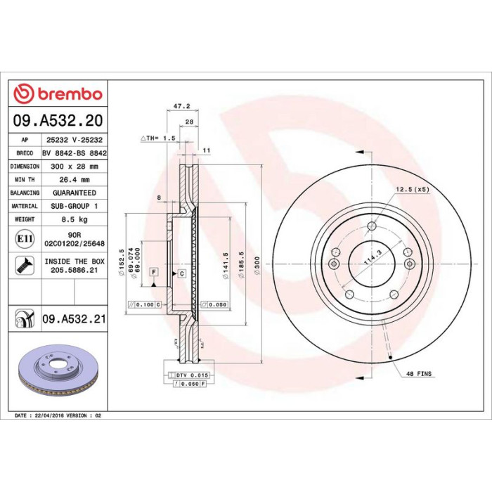 Brembo Bremsscheibe Vorderachse 09.A532.20