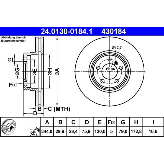 ATE Bremsscheibe Land Rover Vorderachse Range Rover 02-12 24.0130-0184.1 ATE Bremsscheibe Land Rover Vorderachse Range Rover 02-12 24.0130-0184.1