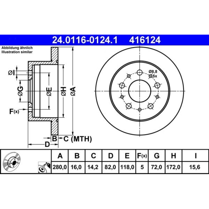 ATE Bremsscheibe Fiat Hinterachse Ducato 02- 10/14 24.0116-0124.1 ATE Bremsscheibe Fiat Hinterachse Ducato 02- 10/14 24.0116-0124.1
