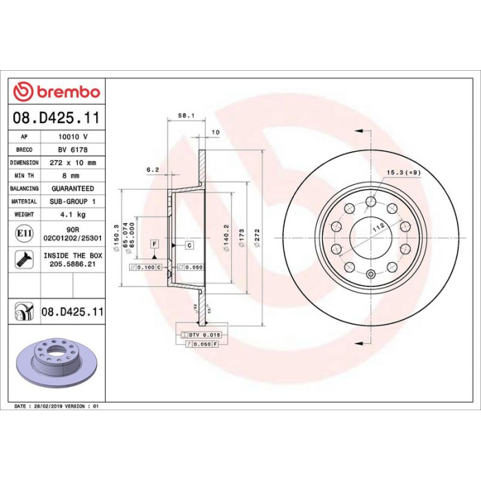 08.D425.11 Brembo Prime Bremsscheibe Hinterachse, Ø 272 × 10 mm, massiv, UV-beschichtet – 08.D425.11 08.D425.11 Brembo Prime Bremsscheibe Hinterachse, Ø 272 × 10 mm, massiv, UV-beschichtet – 08.D425.11
