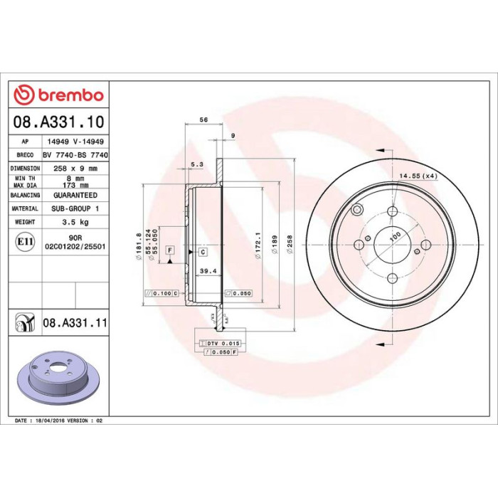 Brembo Bremsscheibe Hinterachse 08.A331.11 Brembo Bremsscheibe Hinterachse 08.A331.11