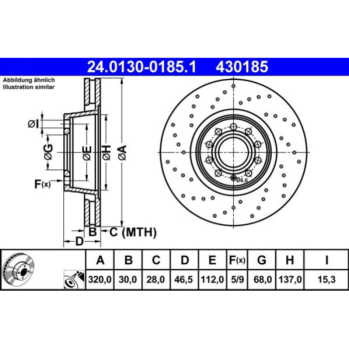 ATE Bremsscheibe Audi S. A4 00-08 24.0130-0185.1 ATE Bremsscheibe Audi S. A4 00-08 24.0130-0185.1