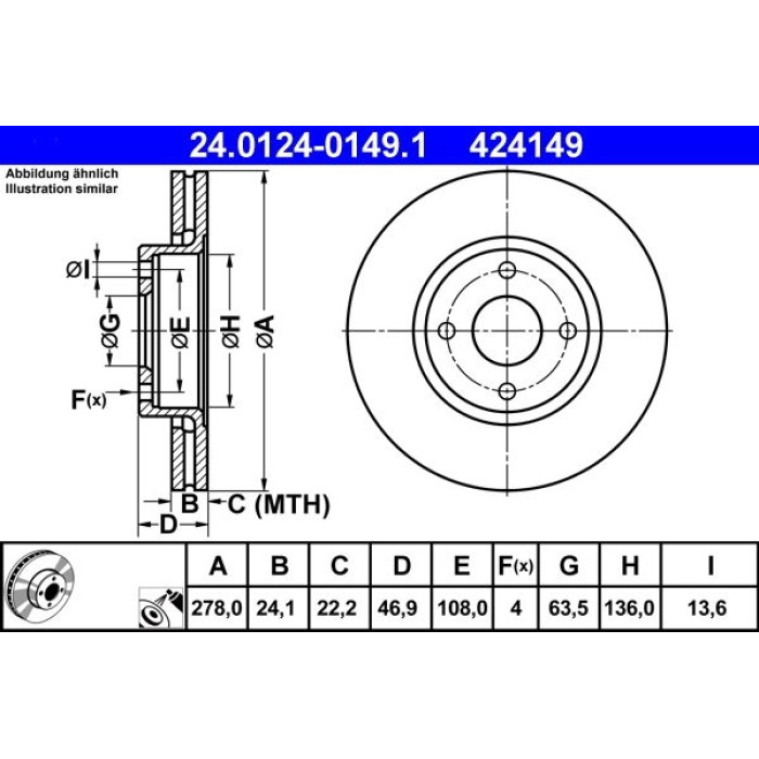 ATE Bremsscheibe Ford Vorderachse Mondeo 1.8-2.9 93-00 24.0124-0149.1 ATE Bremsscheibe Ford Vorderachse Mondeo 1.8-2.9 93-00 24.0124-0149.1