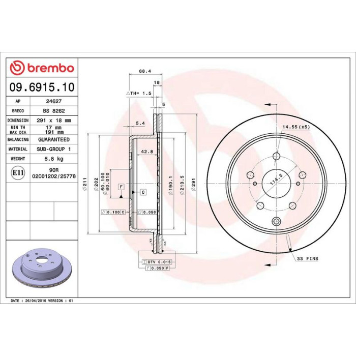 Brembo Bremsscheibe Hinterachse 09.6915.10 Brembo Bremsscheibe Hinterachse 09.6915.10