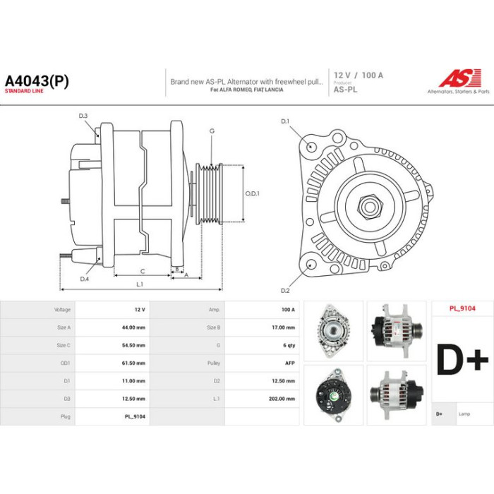 A4043(P) AS-PL Lichtmaschine (Generator) A4043(P)