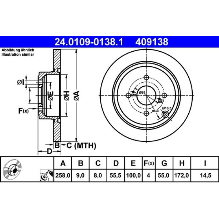 ATE Bremsscheibe Toyota Hinterachse Corolla 1.4-1.6 Vvt-I 02-07 24.0109-0138.1 ATE Bremsscheibe Toyota Hinterachse Corolla 1.4-1.6 Vvt-I 02-07 24.0109-0138.1