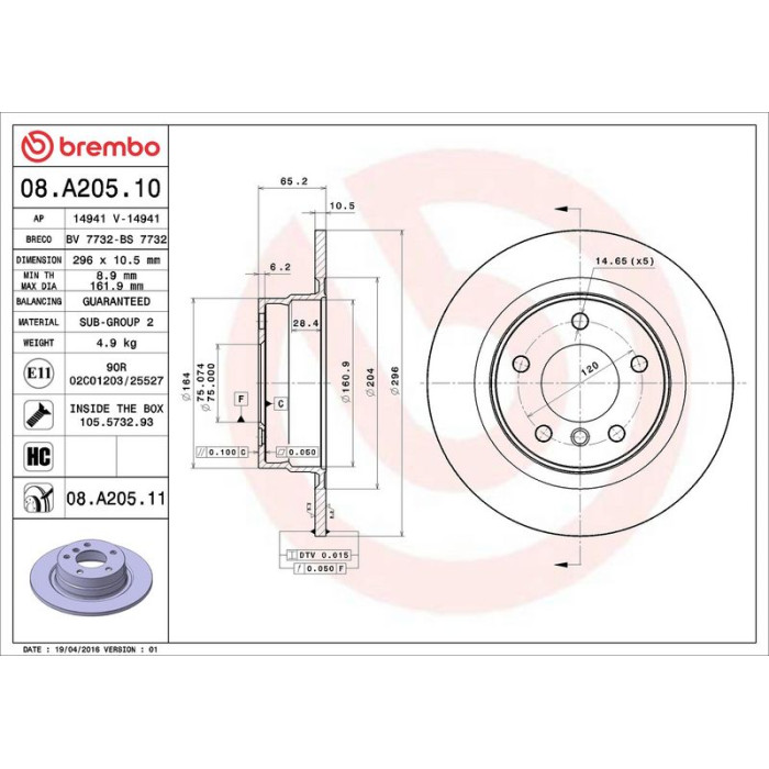 Brembo Bremsscheibe Hinterachse 08.A205.11 Brembo Bremsscheibe Hinterachse 08.A205.11