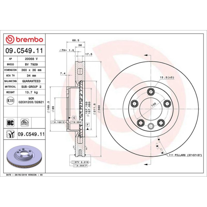 Brembo Bremsscheibe Vorderachse 09.C549.11 Brembo Bremsscheibe Vorderachse 09.C549.11