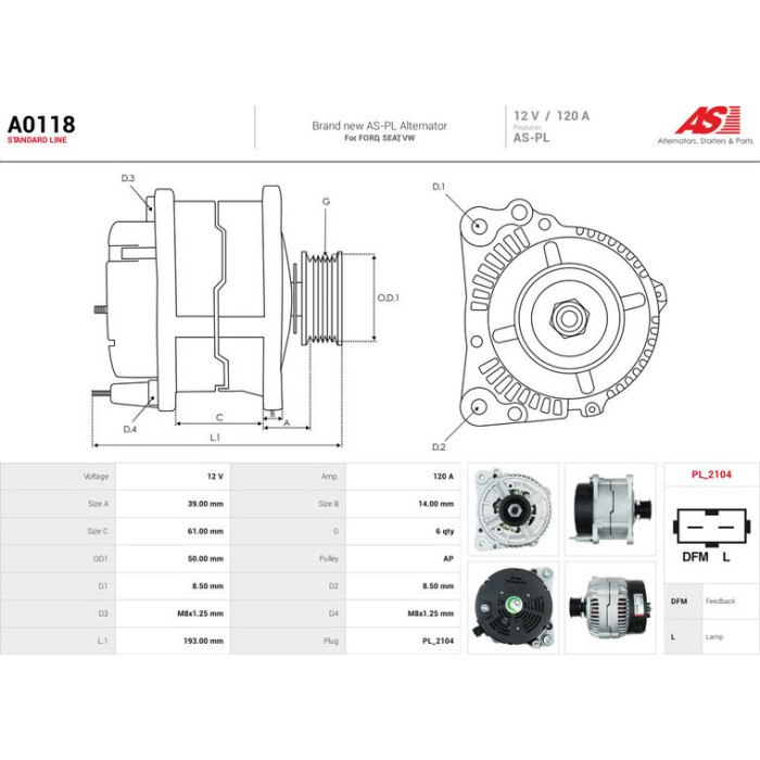 A0118 AS-PL Lichtmaschine (Generator) A0118