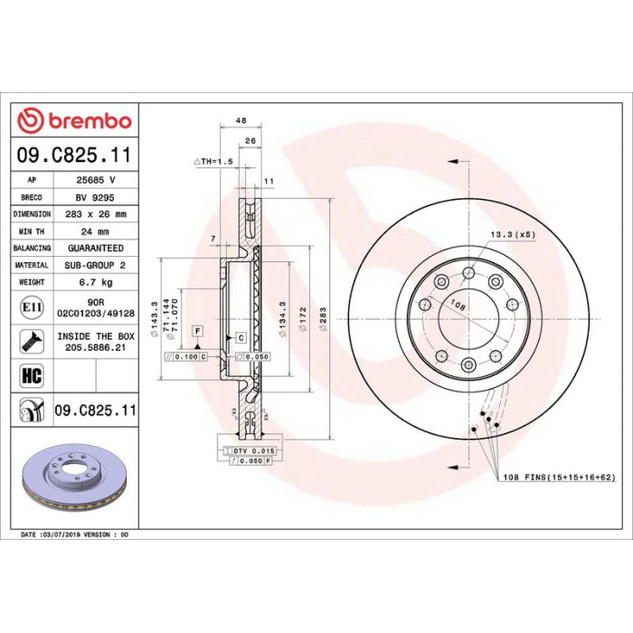 Brembo Bremsscheibe Vorderachse 09.C825.11 Brembo Bremsscheibe Vorderachse 09.C825.11
