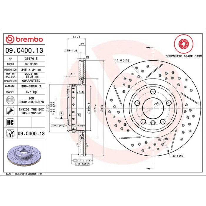Brembo Bremsscheibe Hinterachse 09.C400.13 Brembo Bremsscheibe Hinterachse 09.C400.13