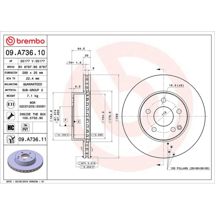 Brembo Bremsscheibe Vorderachse 09.A736.11 Brembo Bremsscheibe Vorderachse 09.A736.11