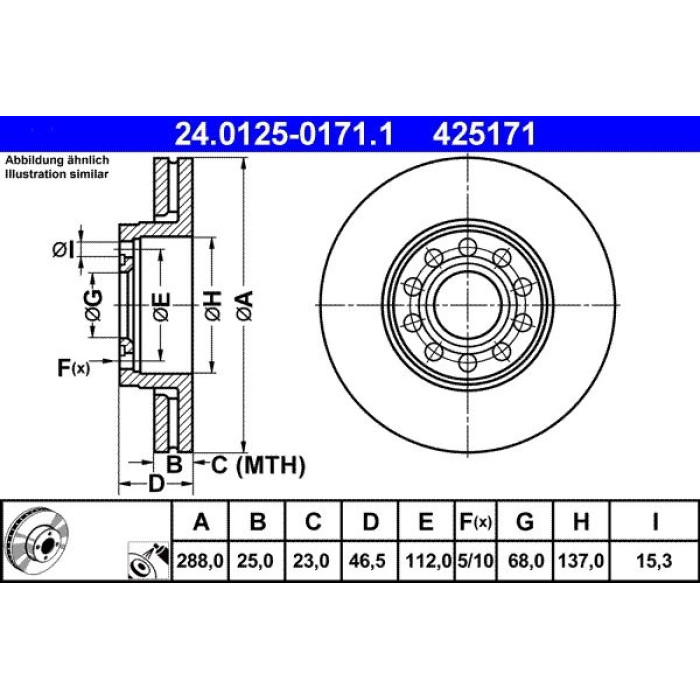 ATE Bremsscheibe VW S. A100/A4/A6/Passat 96-/A8 99 24.0125-0171.1 ATE Bremsscheibe VW S. A100/A4/A6/Passat 96-/A8 99 24.0125-0171.1
