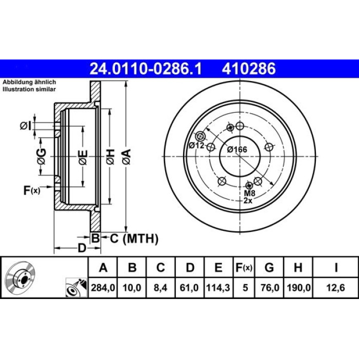 ATE Bremsscheibe Hyundai Hinterachse Ix35 10-/Santa Fe 01 24.0110-0286.1 ATE Bremsscheibe Hyundai Hinterachse Ix35 10-/Santa Fe 01 24.0110-0286.1