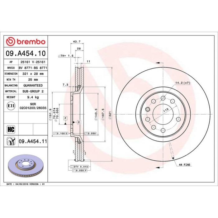 Brembo Bremsscheibe Vorderachse 09.A454.11 Brembo Bremsscheibe Vorderachse 09.A454.11