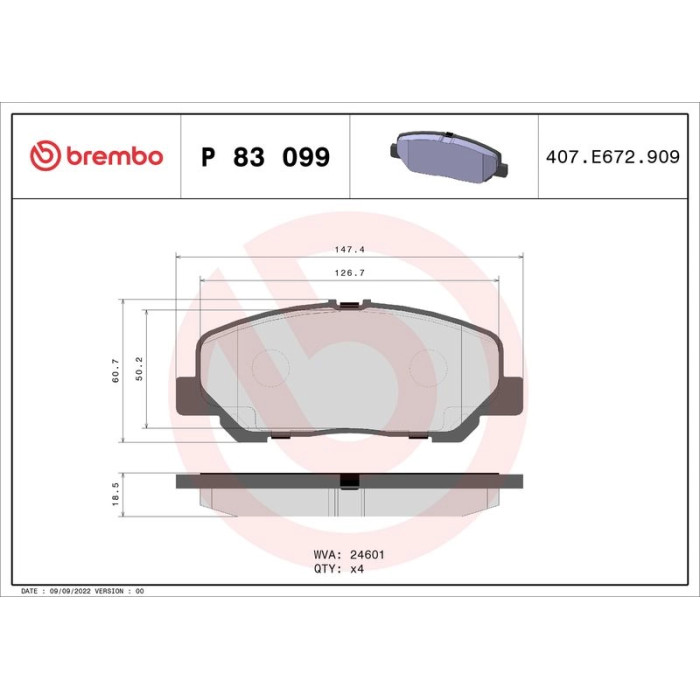 P 83 099 Brembo Prime Bremsbelagsatz Vorderachse – P 83 099 – 148 x 61 x 18 mm – Bremssystem Akebono – OE Nummer 0446528520 P 83 099 Brembo Prime Bremsbelagsatz Vorderachse – P 83 099 – 148 x 61 x 18 mm – Bremssystem Akebono – OE Nummer 0446528520
