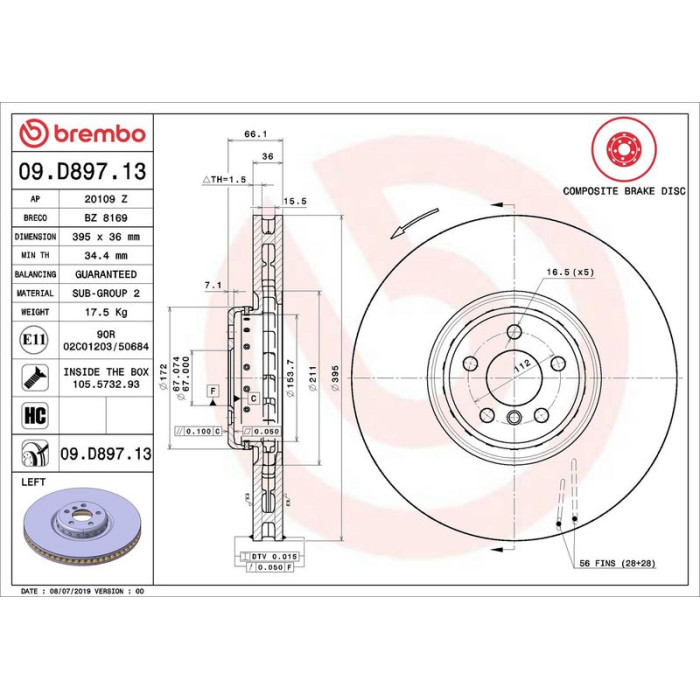 Brembo Bremsscheibe Vorderachse links 09.D897.13 Brembo Bremsscheibe Vorderachse links 09.D897.13