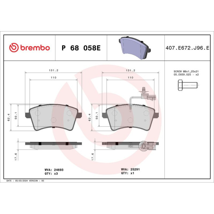 BREMBO Bremsbelagsatz, Scheibenbremse P 68 058E BREMBO Bremsbelagsatz, Scheibenbremse P 68 058E