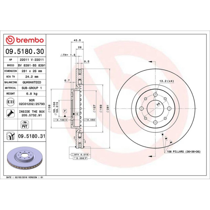 09.5180.31 Brembo Prime Bremsscheibe Vorderachse, Ø 281 × 26 mm, innenbelüftet, UV-beschichtet – 09.5180.31 09.5180.31 Brembo Prime Bremsscheibe Vorderachse, Ø 281 × 26 mm, innenbelüftet, UV-beschichtet – 09.5180.31