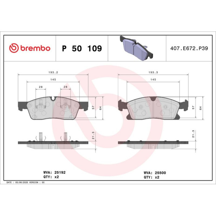 P 50 109 Brembo Prime Bremsbelagsatz Vorderachse – P 50 109 – 193 x 64 x 21 mm – Bremssystem Teves – OE Nummer 0004208804 P 50 109 Brembo Prime Bremsbelagsatz Vorderachse – P 50 109 – 193 x 64 x 21 mm – Bremssystem Teves – OE Nummer 0004208804