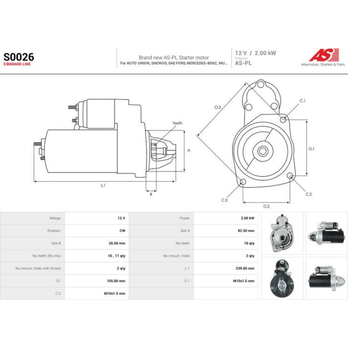 S0026 AS-PL Anlasser (Starter) 12 V 2 kW 10 Zähne S0026