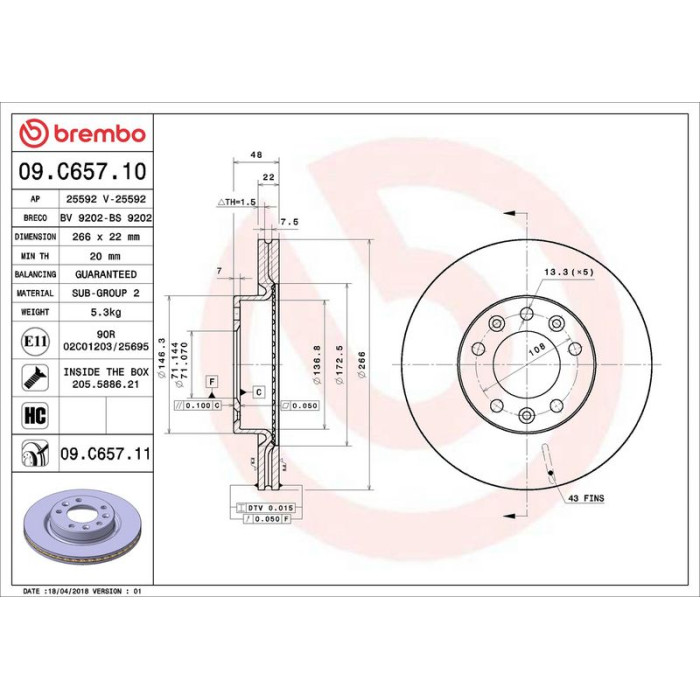 Brembo Bremsscheibe Vorderachse 09.C657.11 Brembo Bremsscheibe Vorderachse 09.C657.11