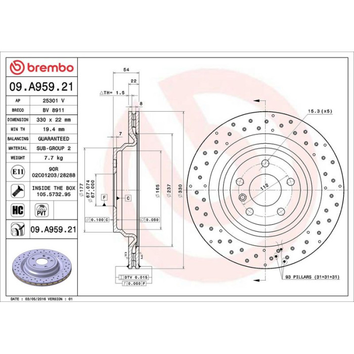 Brembo Bremsscheibe Hinterachse 09.A959.21 Brembo Bremsscheibe Hinterachse 09.A959.21