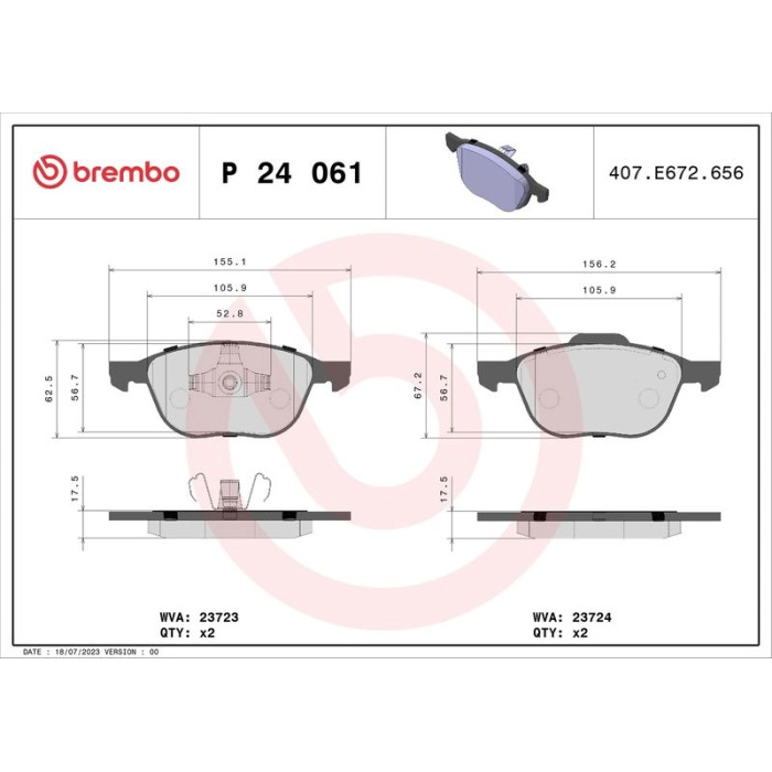 P 24 061 Brembo Prime Bremsbelagsatz Vorderachse – P 24 061 – 155/156 x 62 x 18 mm – Bremssystem Teves – OE Nummer 1223682 P 24 061 Brembo Prime Bremsbelagsatz Vorderachse – P 24 061 – 155/156 x 62 x 18 mm – Bremssystem Teves – OE Nummer 1223682