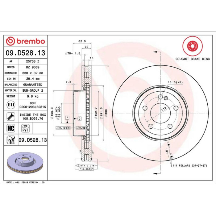 Brembo Bremsscheibe Vorderachse Co-Cast 09.D528.13 Brembo Bremsscheibe Vorderachse Co-Cast 09.D528.13